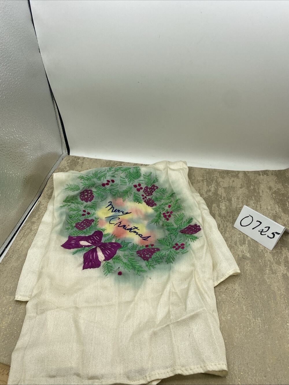Antique Handmade Embroidered Christmas Scarf 27”X 27” Multicolored
